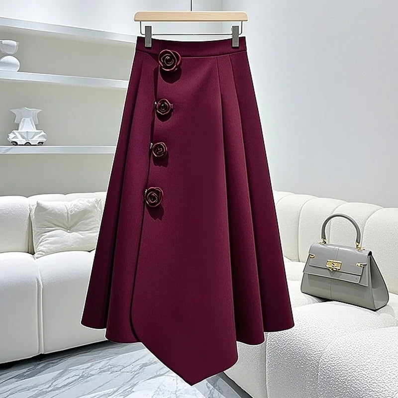 Elegant 2024 Red A-Line High-Waist Skirt - Playful Korean Autumn Style | New Zealand | Strylez Virtual Try-On
