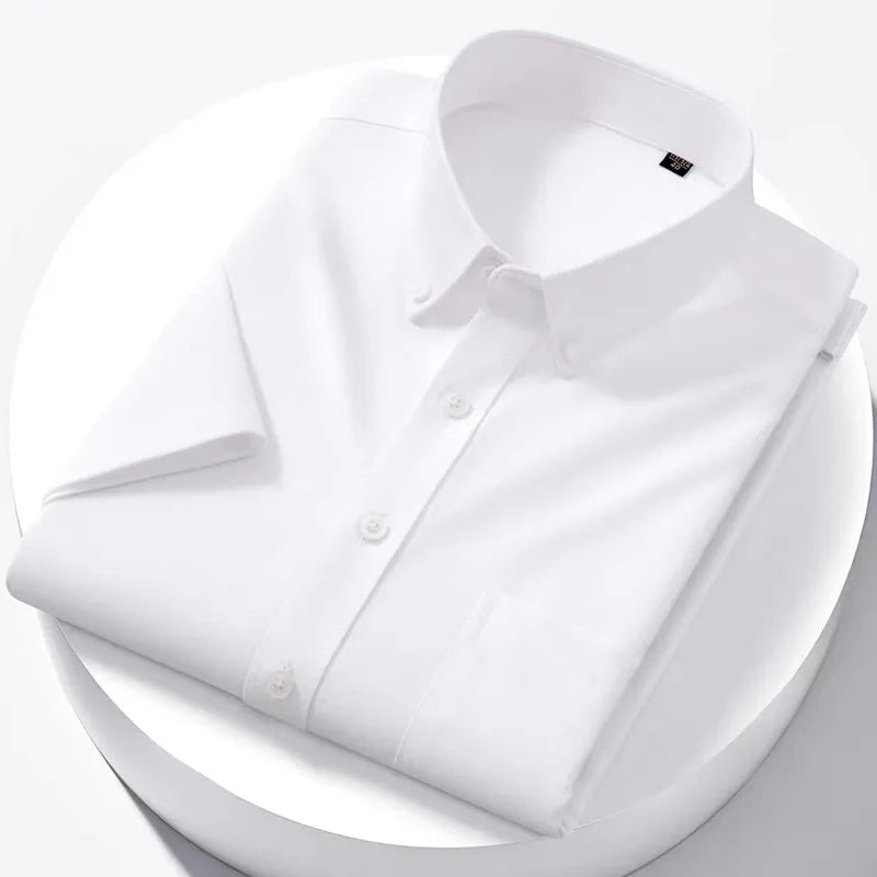 Luxury Men's Oxford Shirt 100% Cotton Short Sleeve Causal Stripe Solid Summer Basic Business Formal Social White Slim Fit Blouse