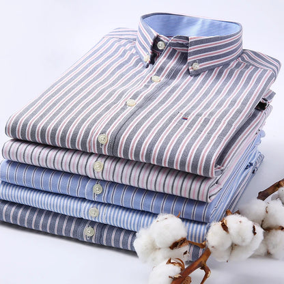 New Oxford woven men's shirt long sleeve striped fashion print casual business social breathable no-iron buckle collar