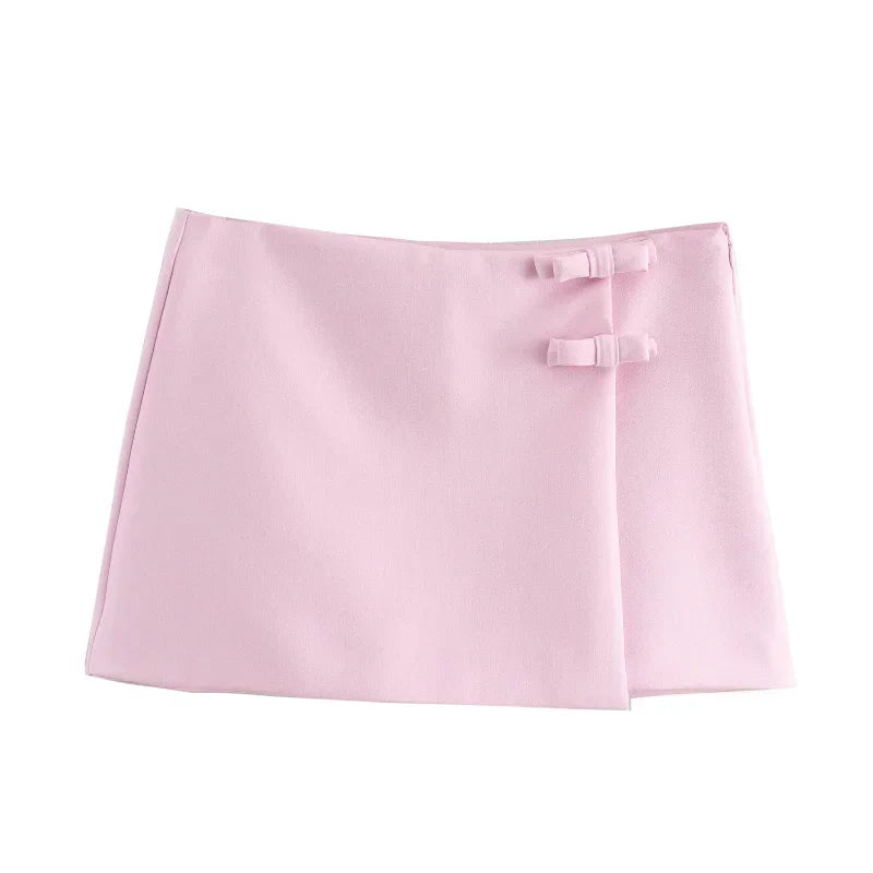 Pink Bow Halter Crop Top and Asymmetrical Shorts Set
