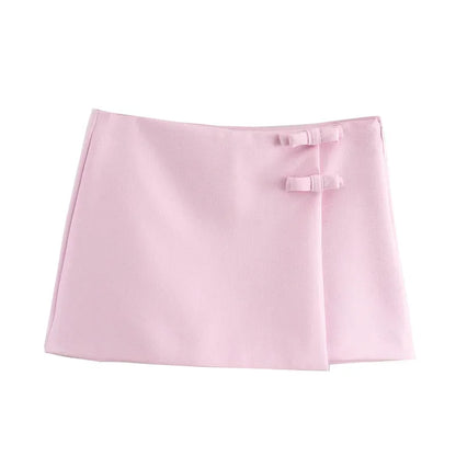 Pink Bow Halter Crop Top and Asymmetrical Shorts Set