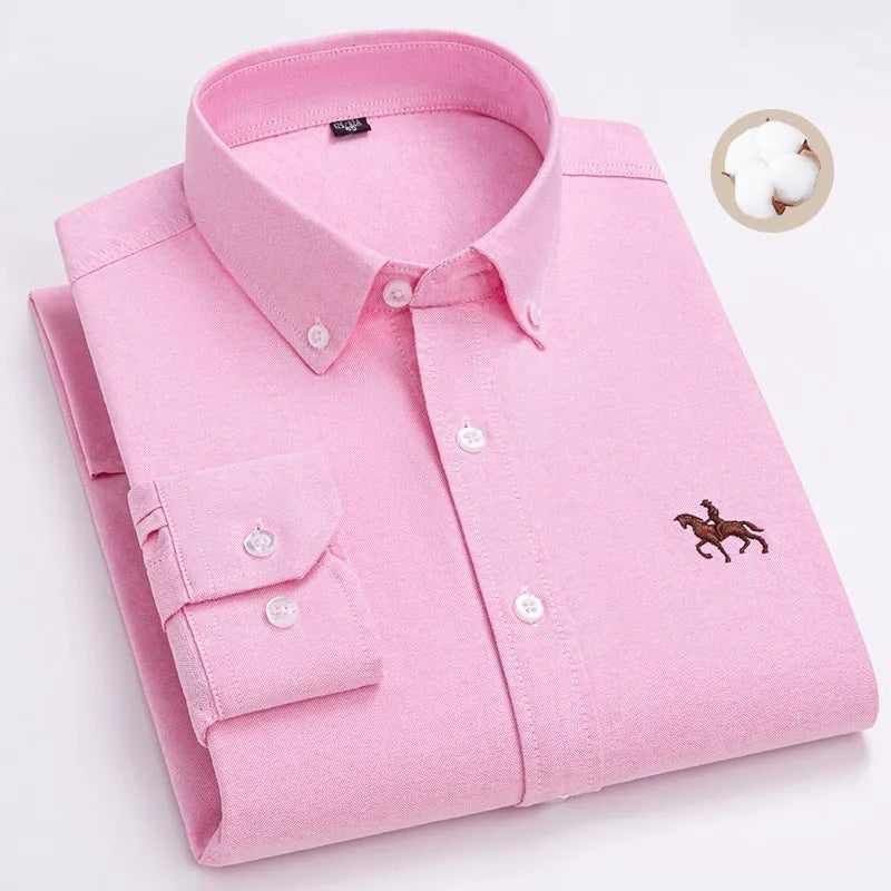 Fashion Strip 100% Oxford Embroidered Horse Casual Without Pocket Solid Plaid Shirts Men's Long Sleeve Dress Shirt Men Plus Size