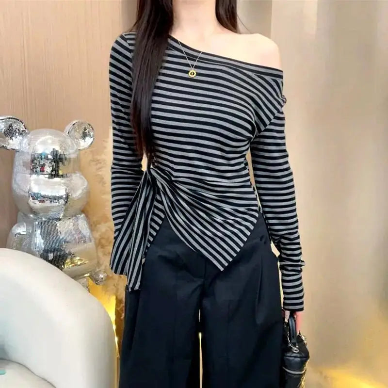 Stripped Off Shoulder Top For Women Slim Fit Asymmetrical Design Trendy Night Out Wear Spring Autumn Fashion Long Sleeve T Shirt