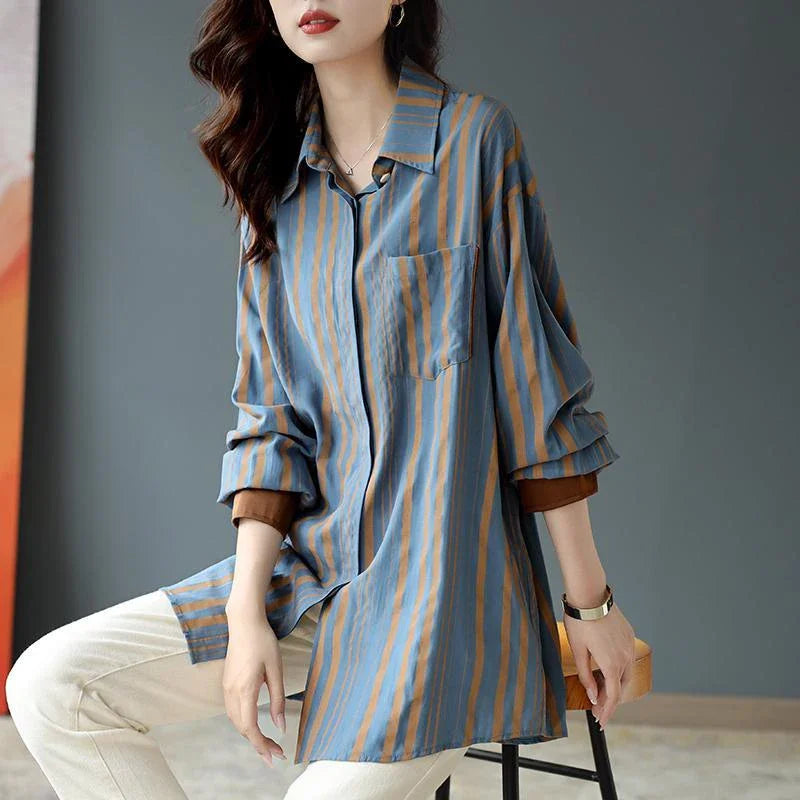 Spring & Autumn Striped Loose Blouse for Women - Casual Vintage Long Sleeve Top, Elegant All-Match Shirt, NZ | Strylez Virtual Try-On