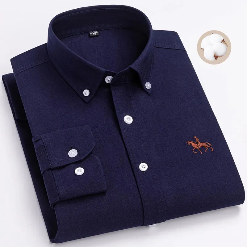 Fashion Strip 100% Oxford Embroidered Horse Casual Without Pocket Solid Plaid Shirts Men's Long Sleeve Dress Shirt Men Plus Size