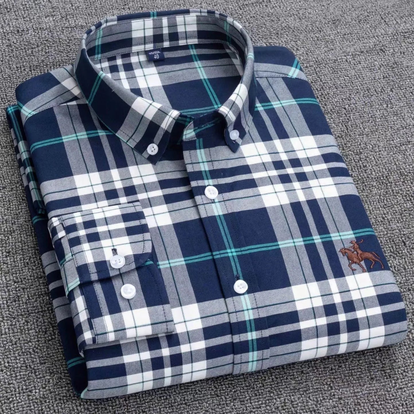 Fashion Strip 100% Oxford Embroidered Horse Casual Without Pocket Solid Plaid Shirts Men's Long Sleeve Dress Shirt Men Plus Size