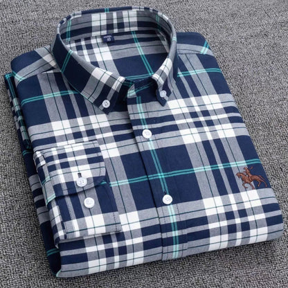 Fashion Strip 100% Oxford Embroidered Horse Casual Without Pocket Solid Plaid Shirts Men's Long Sleeve Dress Shirt Men Plus Size