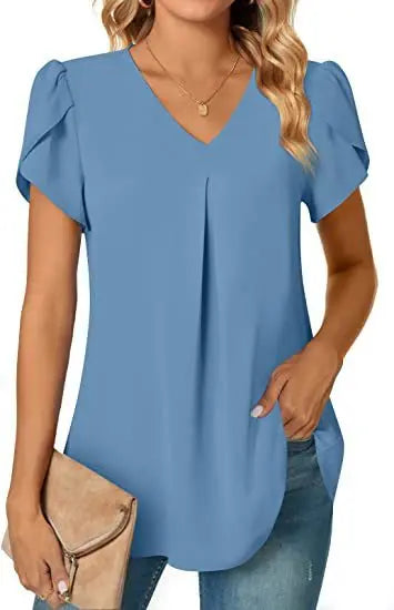 Elegant Women's Top Blouse 2024 Summer Flower – Short Sleeve V-Neck Office/Work, Commuter Shirt S-XXL | NZ | Strylez Virtual Try-On