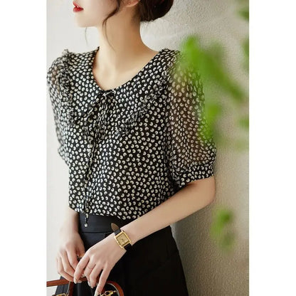 Fashion Peter Pan Collar Ruffles Lace Up Bow Printed Blouse Women's Clothing 2023 Summer New Casual Pullovers Short Sleeve Shirt