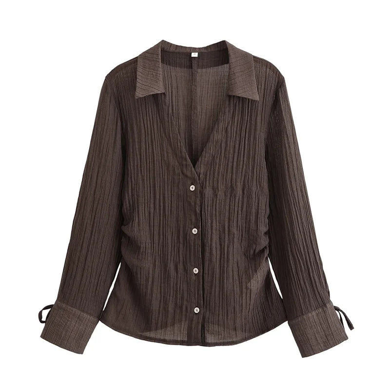 Women's Blouse New Summer 2025 Brown Long Sleeve Translucent Shirt with Bow - Sexy, Fashionable & Versatile | New Zealand | Strylez Virtual Try-On