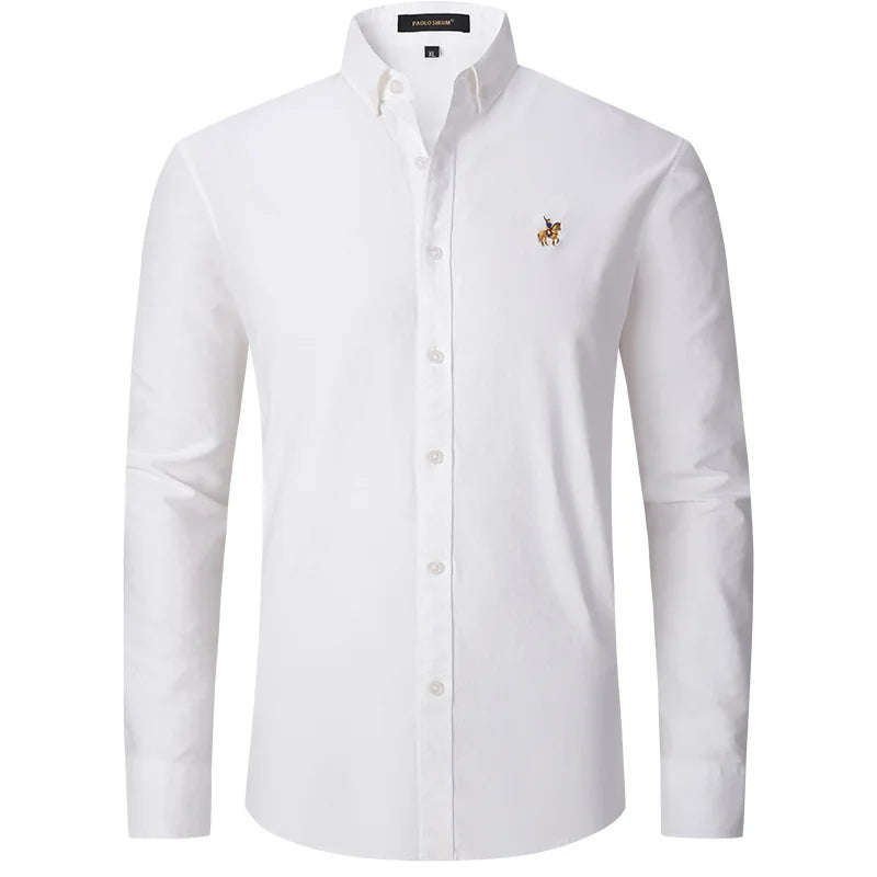 New Pure Cotton Oxford Embroidered Horse Casual Without Pocket Solid Shirt Men's Long Sleeve Dress Shirts Men Business Slim Fit
