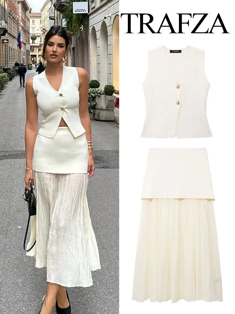 TRAFZA Women’s Chic 2-Piece V-Neck Vest & High-Waist Zipper Skirt Set