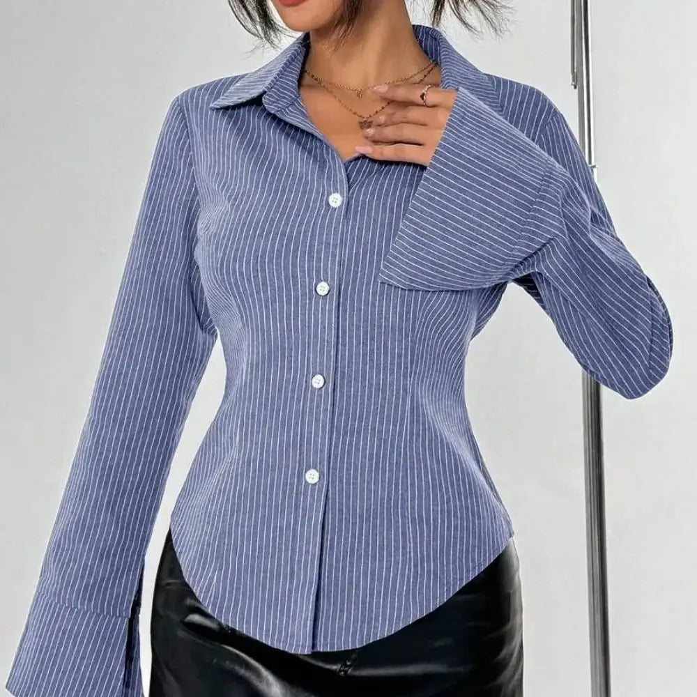 Classic Striped Long Sleeve Blouse - Patchwork Shirt for Women | Retro Chic Tops, New Zealand | Strylez Virtual Try-On