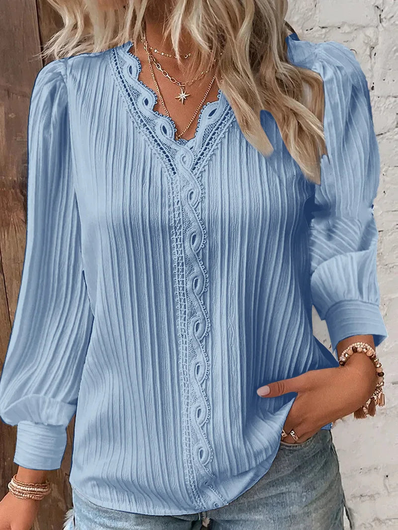 Elegant Summer Hollow Lace Patchwork Women’s Shirt – V-Neck Long Sleeve Blouse, Casual Lace Top New Zealand | Strylez Virtual Try-On