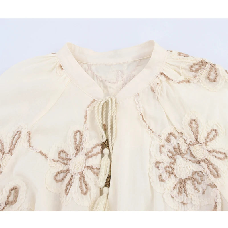 MUJER Flower Embroidered Women’s Blouse - Tassel Casual Shirt, Ruched Beach Boho Top | Summer Tops NZ | Strylez Virtual Try-On