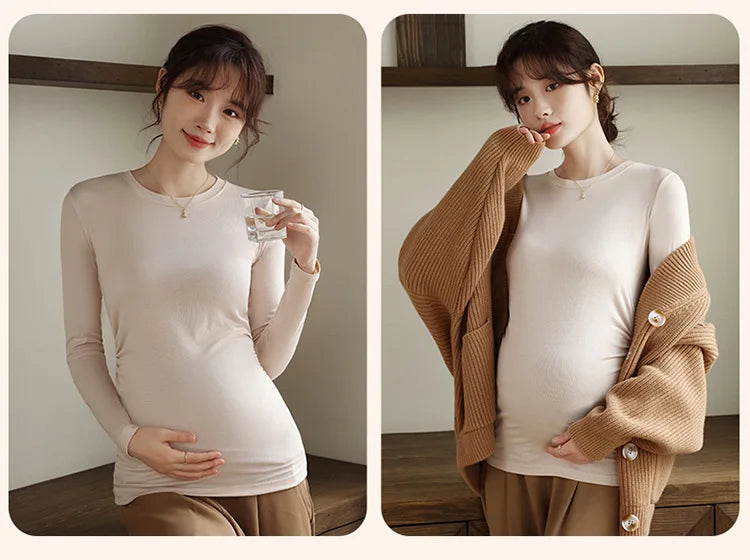 Maternity Spring Fall Round Neck Long-Sleeved Slim Thin Section Bottoming Shirt Pregnant Women's Solid Elastic Soft Homewear