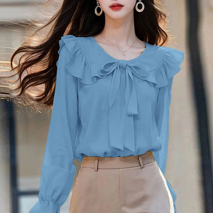 ZANZEA Peter Pan Collar Long Sleeve Blouses Korean Style Women Elegant Solid Smock Tops Sweet Long Sleeve Tie Up Blusas Mujer