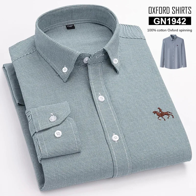 2024 Men Shirt Floral Long Sleeve Casual 100% Cotton Oxford Man Leisure Embroidered Horse Shirts Streetwear Oversized  Plus Size