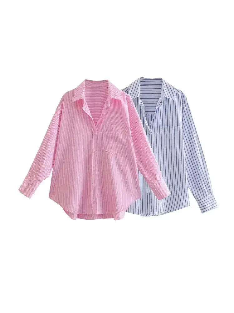Women's Striped Loose Shirt with Pocket - Long Sleeve Button-Up Blouse, Chic Top | New Zealand | Strylez Virtual Try-On