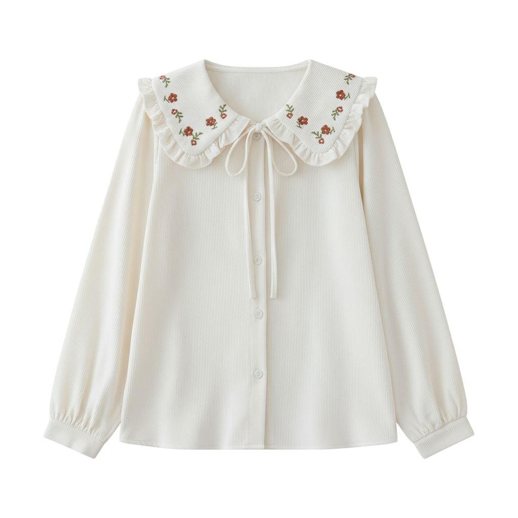 Peter Pan Collar Shirt Women - Embroidery, Japanese, Loose Fit, Age-Defy | Strylez New Zealand Try-On