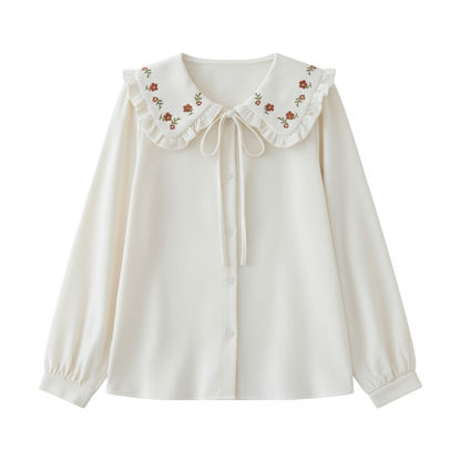 Peter Pan Collar Shirts Women Sweet Embroidery Japanese Style Loose Vintage Lace-up Fashion Age-reducing Tender All-match Girls