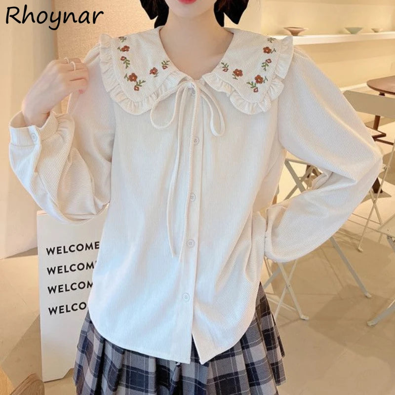 Peter Pan Collar Shirts Women Sweet Embroidery Japanese Style Loose Vintage Lace-up Fashion Age-reducing Tender All-match Girls