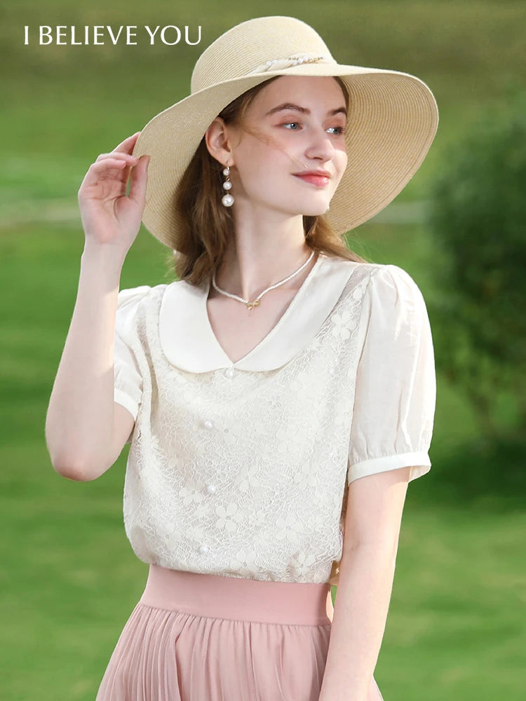 I BELIEVE YOU French Peter Pan Collar Lace Puff Sleeve Shirt Blouse – Women 2024 Summer New Basics NZ | Strylez Virtual Try-On
