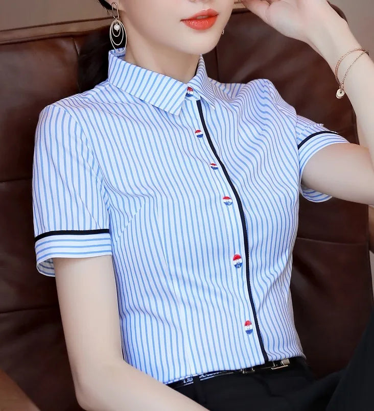 Elegant Blue Striped Slim Shirt Women | Short Sleeve Chiffon Blouse, Office Top - Women’s Tops NZ | Strylez Virtual Try-On