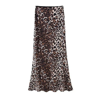 Women's 2024 Leopard Print A-Line Midi Skirt with Bow & Pockets