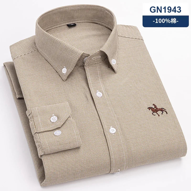 Fashion Strip 100% Oxford Embroidered Horse Casual Without Pocket Solid Plaid Shirts Men's Long Sleeve Dress Shirt Men Plus Size