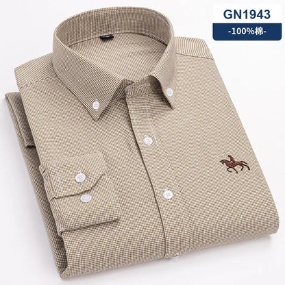 Fashion Strip 100% Oxford Embroidered Horse Casual Without Pocket Solid Plaid Shirts Men's Long Sleeve Dress Shirt Men Plus Size