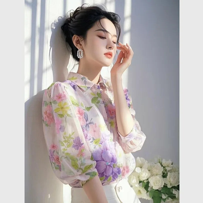 Elegant French-style beautiful purple floral chiffon blouse for women, 2025 blouse
