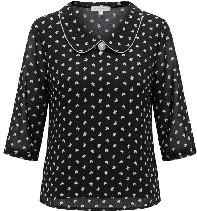 Womens Peter Pan Collar Blouse - Printed 3/4 Sleeve, Shirt with Pearl 3D Decor, NZ | Strylez Virtual Try-On