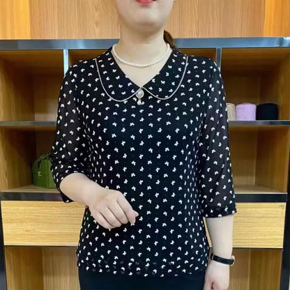 Female Clothing Peter Pan Collar Blouse Printed Spring Summer Basic 3/4 Sleeve Stylish Pearl Three-dimensional Decoration Shirt