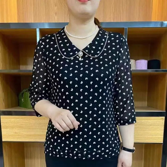 Female Clothing Peter Pan Collar Blouse Printed Spring Summer Basic 3/4 Sleeve Stylish Pearl Three-dimensional Decoration Shirt