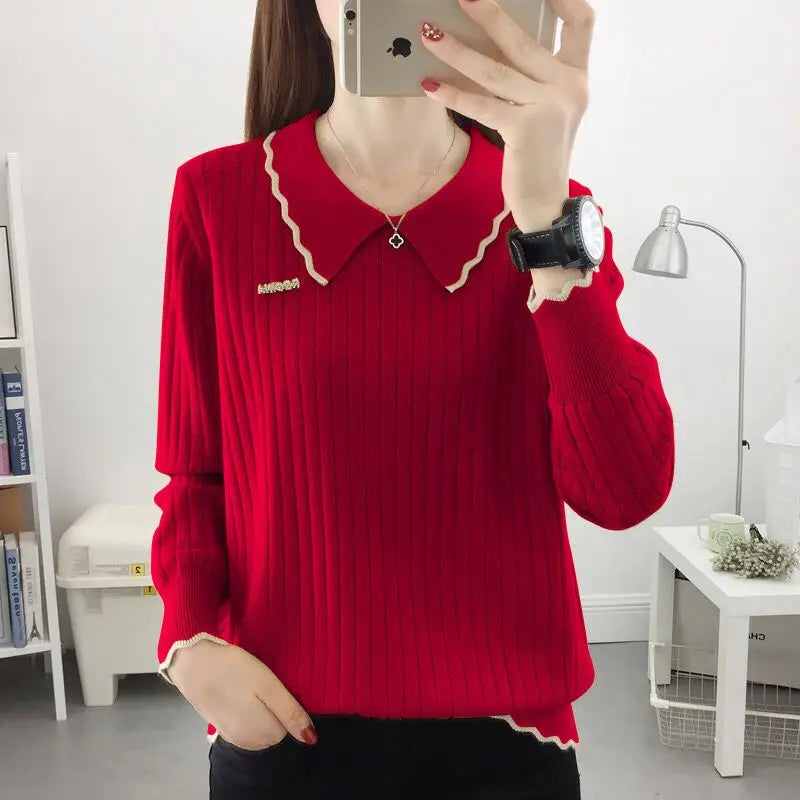 Fashion Peter Pan Collar Spliced All-match Knitted Blouse Women's Clothing 2022 Autumn New Loose Casual Pullovers Korean Shirt