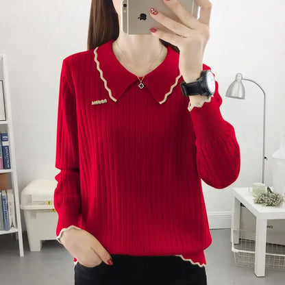 Fashion Peter Pan Collar Spliced All-match Knitted Blouse Women's Clothing 2022 Autumn New Loose Casual Pullovers Korean Shirt