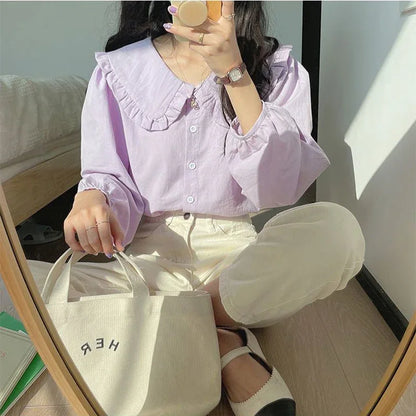 Sweet Peter Pan Collar Shirt Women Vintage Long Sleeve Blouse Female Preppy Style Yellow Blue Loose  Buttons Youth Tops 2023 Y2k