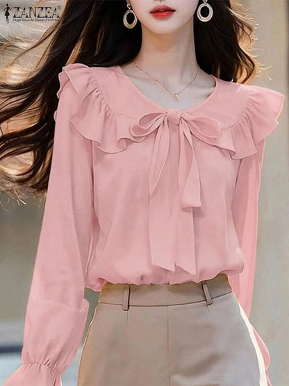 ZANZEA Peter Pan Collar Long Sleeve Blouses Korean Style Women Elegant Solid Smock Tops Sweet Long Sleeve Tie Up Blusas Mujer