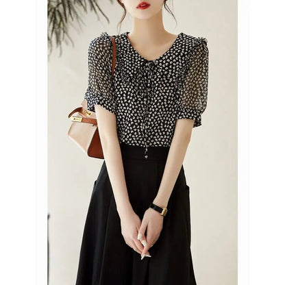 Fashion Peter Pan Collar Ruffles Lace Up Bow Printed Blouse Women's Clothing 2023 Summer New Casual Pullovers Short Sleeve Shirt