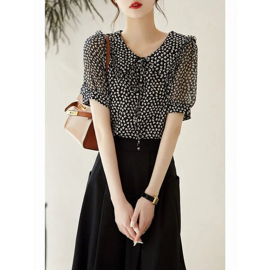 Fashion Peter Pan Collar Ruffles Lace Up Bow Printed Blouse Women's Clothing 2023 Summer New Casual Pullovers Short Sleeve Shirt