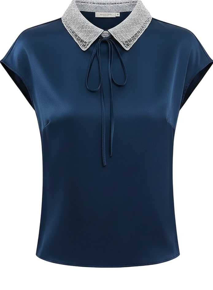 Womens Peter Pan Collar Blouse - Embroidered Flare Short Sleeve Summer Top, Solid Color, Drawstring, NZ | Strylez Try-On