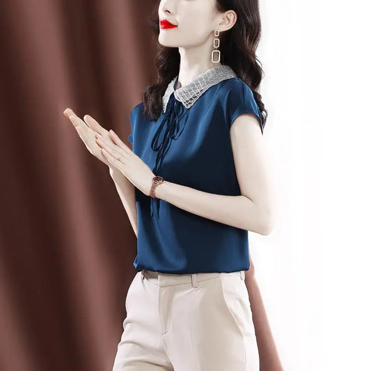 Office Lady Peter Pan Collar Chic Embroidered Flares Blouse Summer Solid Color All-match Drawstring Female Short Sleeve Shirt