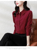 Striped Women Shirt - Korean Fashion Long Sleeve Blouse, Button Up Top OL Chiffon - New Zealand | Strylez Try-On
