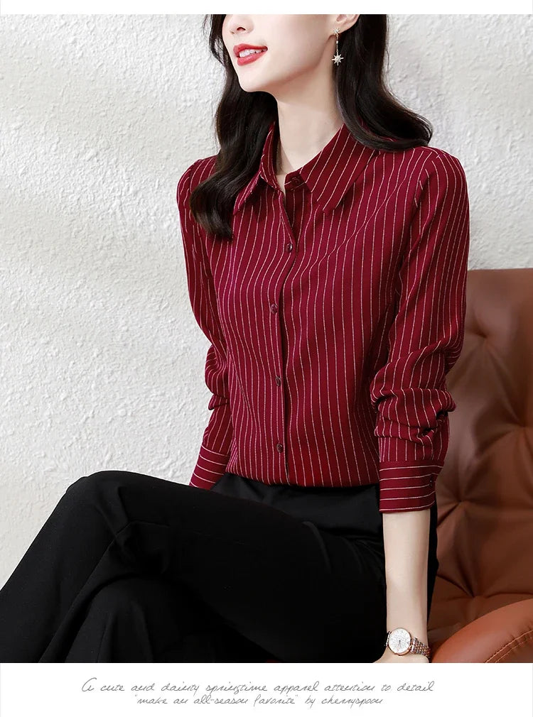 Striped Women Shirt Korean Fashion Female Clothing Long Sleeve Blouse Button Up Shirts Womens Tops OL Chiffon Blouses for Women