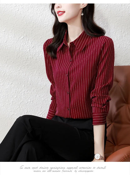 Striped Women Shirt Korean Fashion Female Clothing Long Sleeve Blouse Button Up Shirts Womens Tops OL Chiffon Blouses for Women