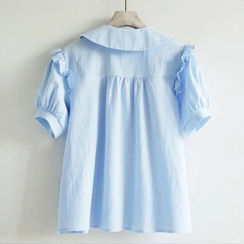 Blue Peter Pan Collar Loose Blouse - Short Sleeve, Single Breasted Women’s Shirt, Korean Fashion Tops 2024 Spring NZ | Strylez Virtual Try-On