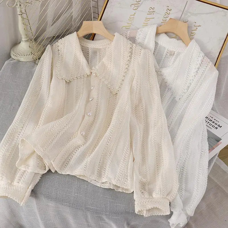 Women Peter Pan Collar Hollow-Out Shirt - Solid Elegant Top, French Style, New Zealand, Strylez Virtual Try-On