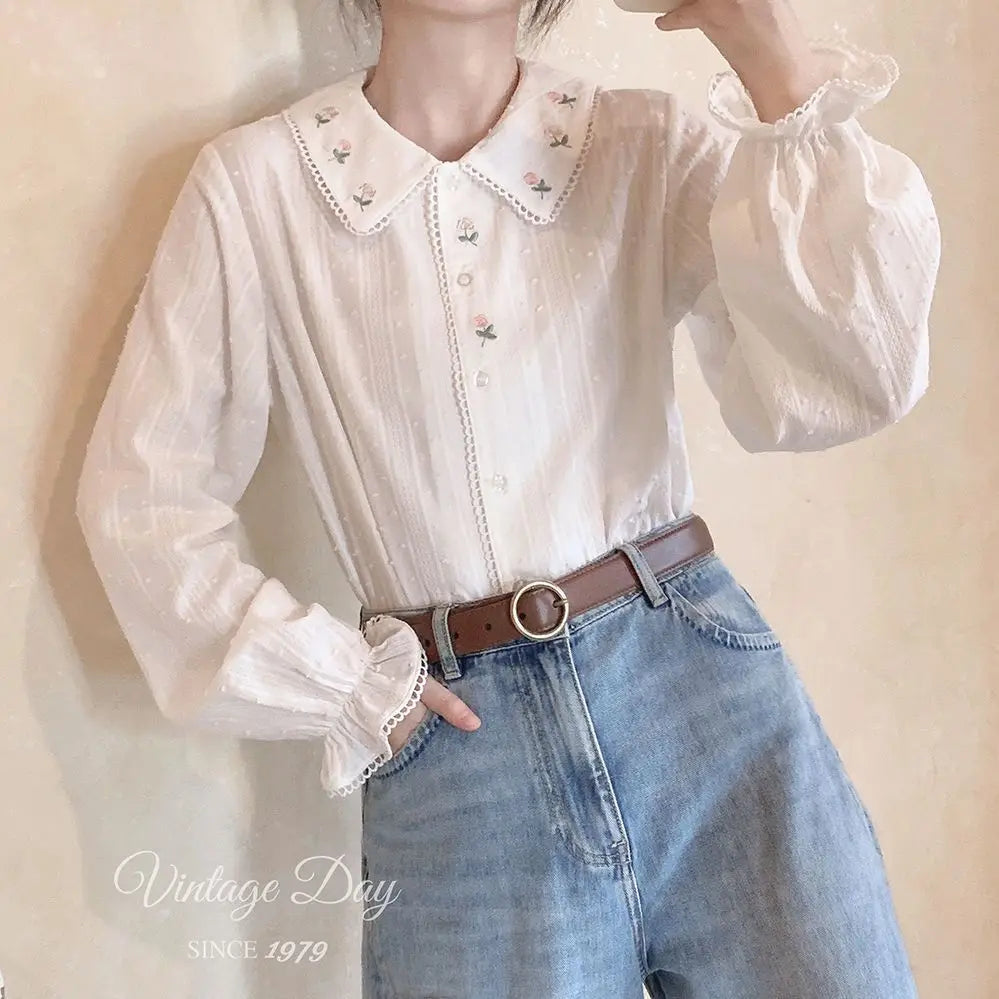 Peter Pan Collar Shirts Women Long Sleeves White Girls Vintage Floral Spring Tops Schoolgirls Kawaii Basic Ins Chic New Arrivals