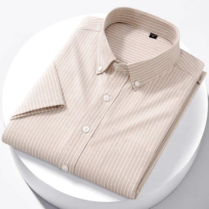 Luxury Men's Oxford Shirt 100% Cotton Short Sleeve Causal Stripe Solid Summer Basic Business Formal Social White Slim Fit Blouse